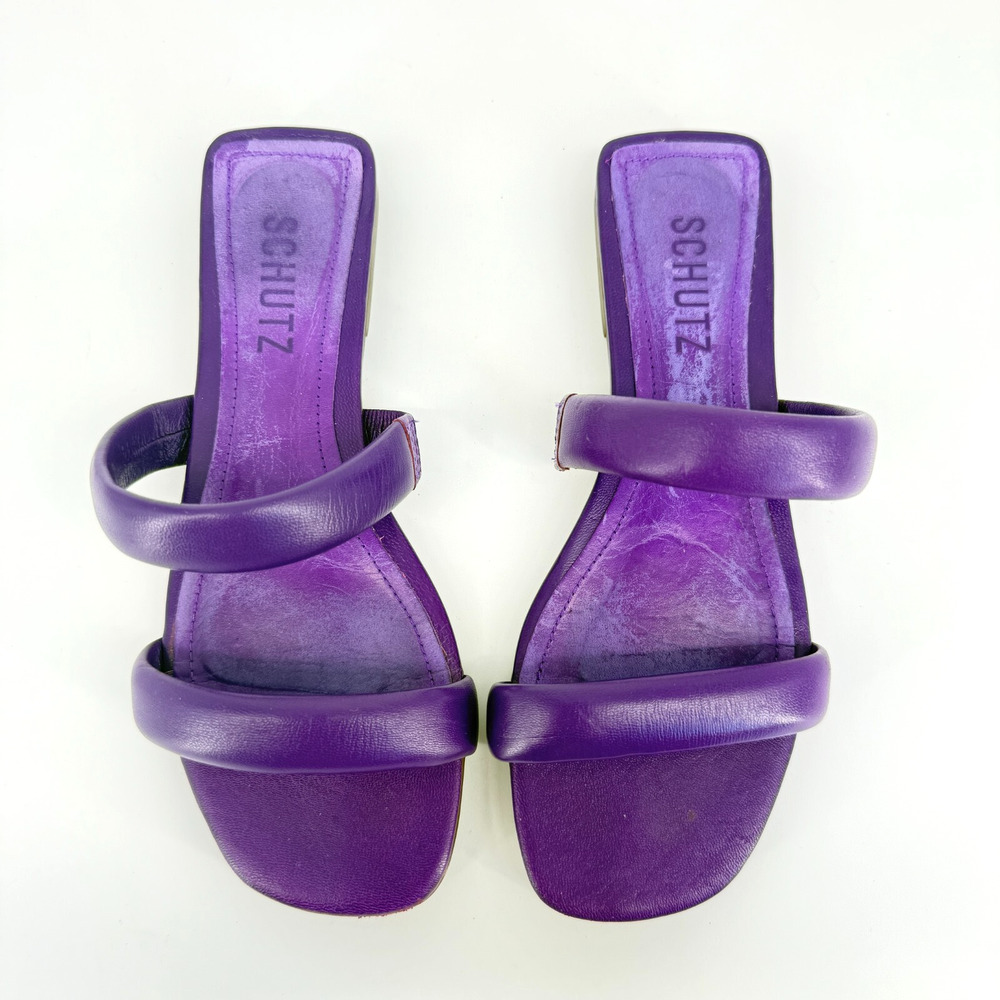 Schutz Size 5.5B‎ Purple Leather Strap Slide Flat Sandals Indie Summer Brazil - Picture 3 of 6